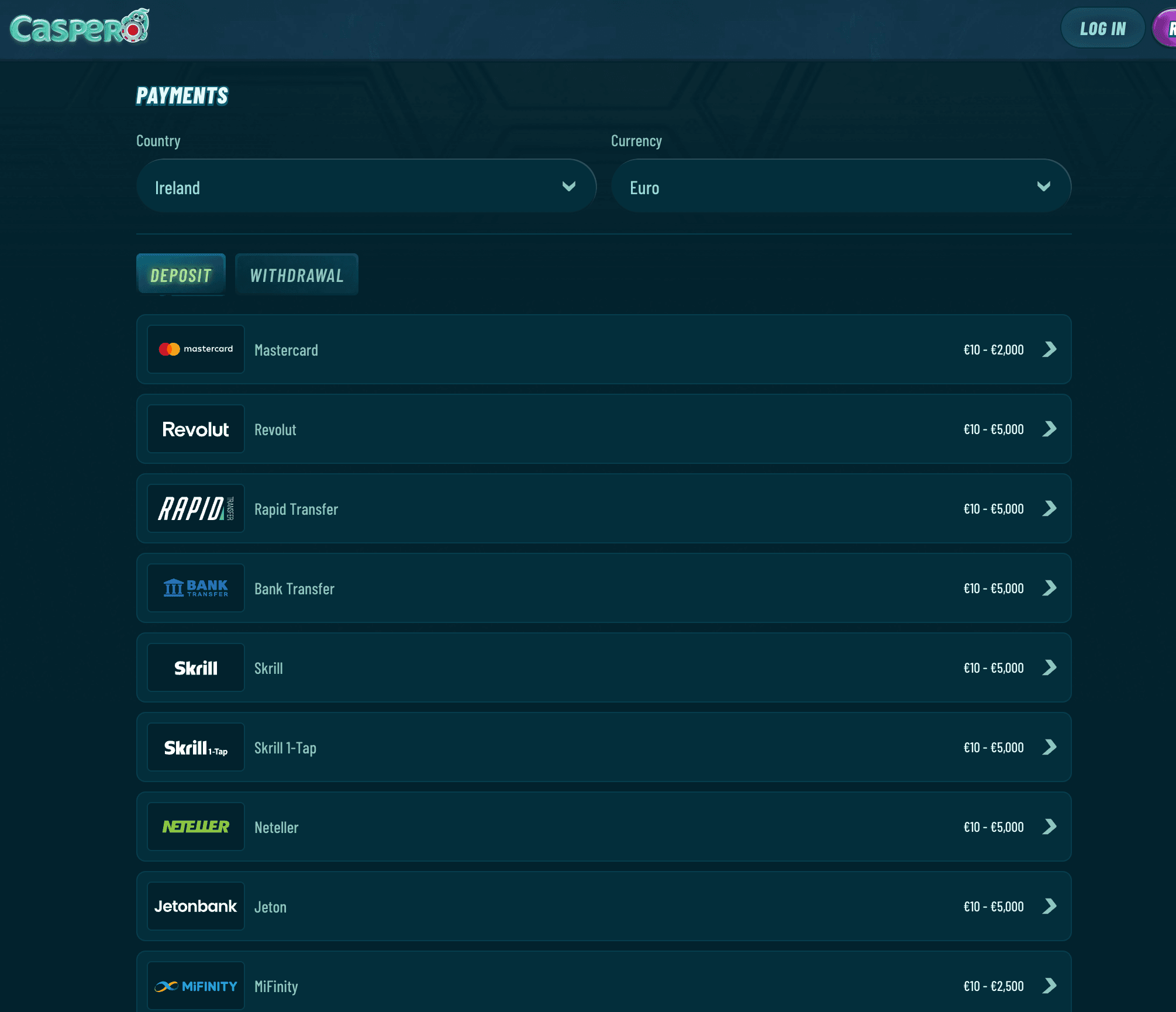 caspero casino payments