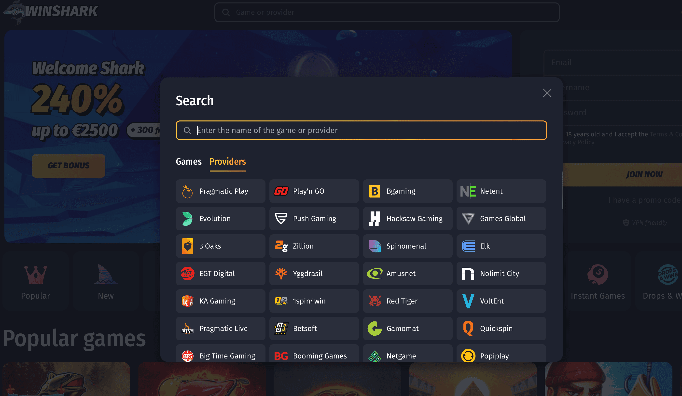 winshark casino online providers