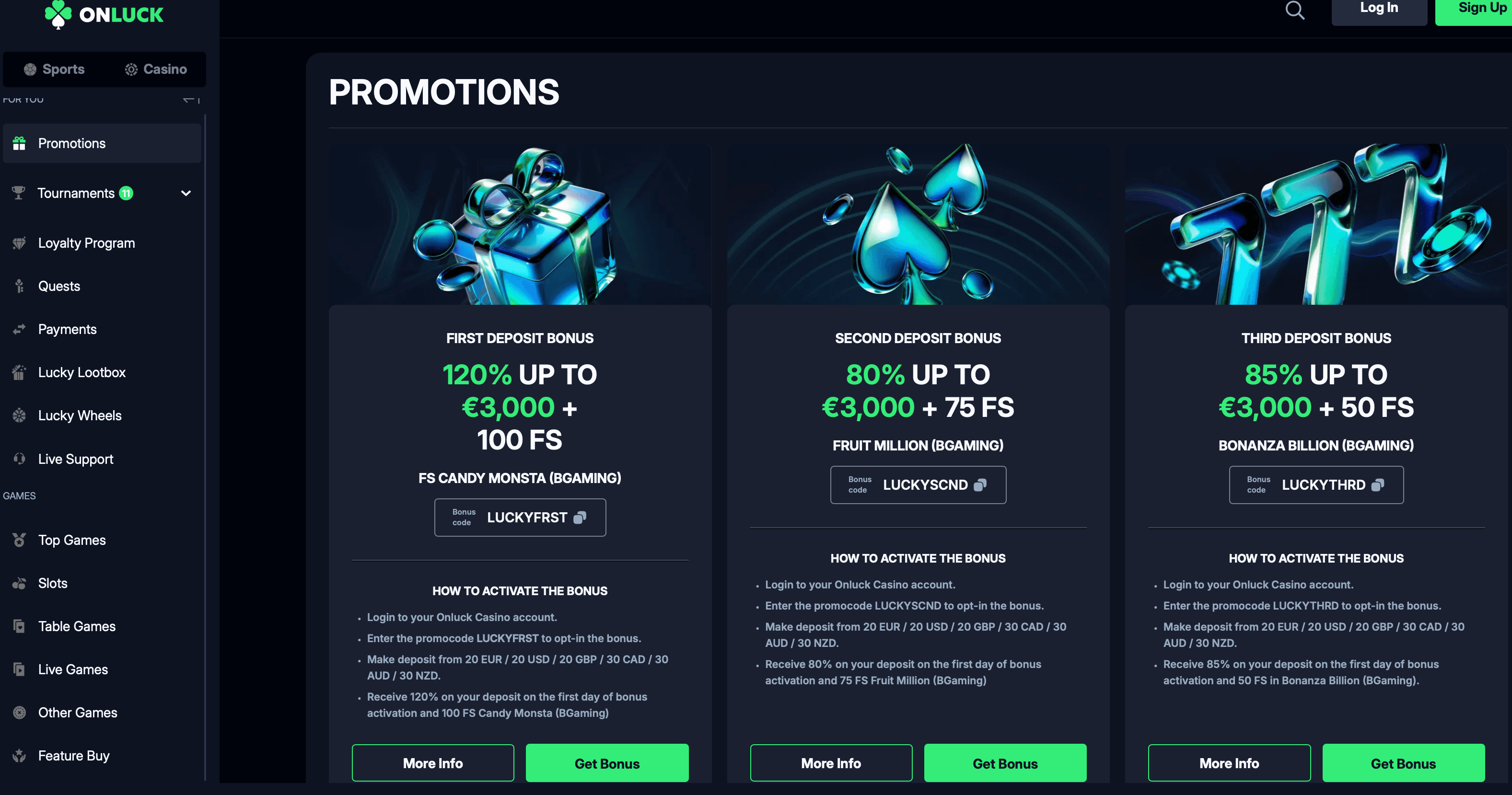 onluck casino bonuses